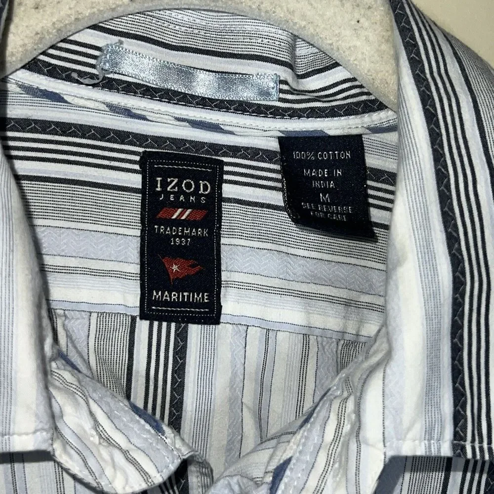 Izod Jeans Men's Medium‎ Maritime Button Down Shirt Blue Gray White Striped